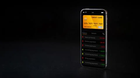 Internet based banking. Mobile phone with internet online bank app. Credit ca Foto stock