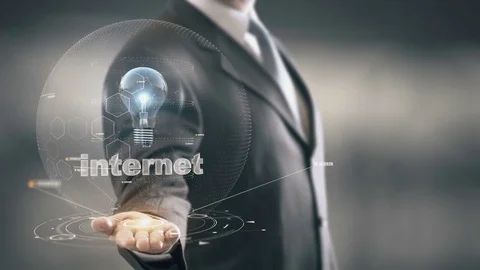 Internet with bulb hologram businessman concept Stock Footage