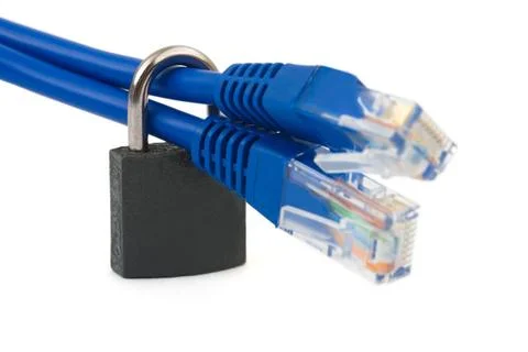 Internet cable and lock Internet cable and lock isolated on white backgrou... Stock Photos