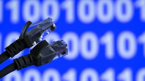 Internet cable closeup on background of running numbers Stock Footage 128597141