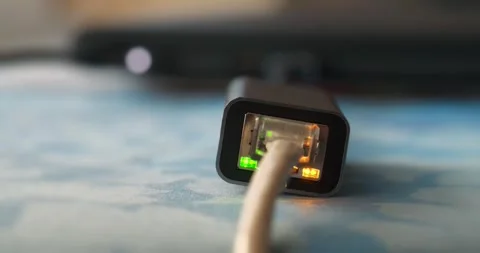 Internet cable through an adapter connected to laptop. Ethernet cable adapter Stock Footage 276569706