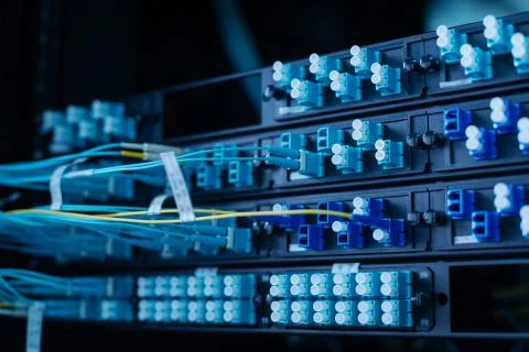 Internet cables being switched to the rack server Stock Photos