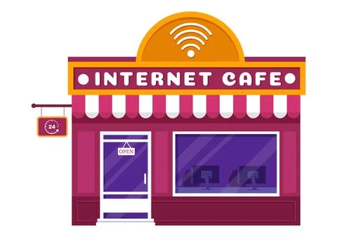 Internet Cafe Building for Playing Games, Workplace use a Laptop, Talking a.. Ilustración de archivo