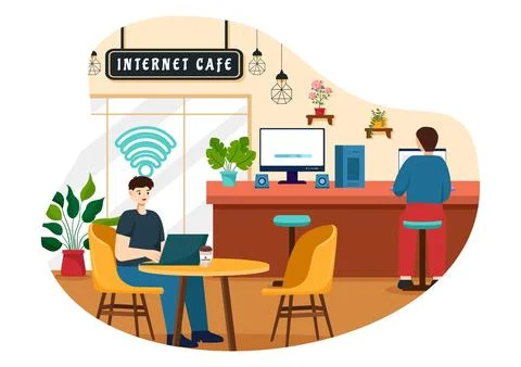 Internet Cafe Vector Illustration with Building for Young People Playing Ga.. Ilustración de archivo