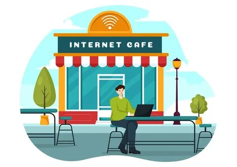 Internet Cafe Vector Illustration with Building for Young People Playing Ga.. Ilustración de archivo