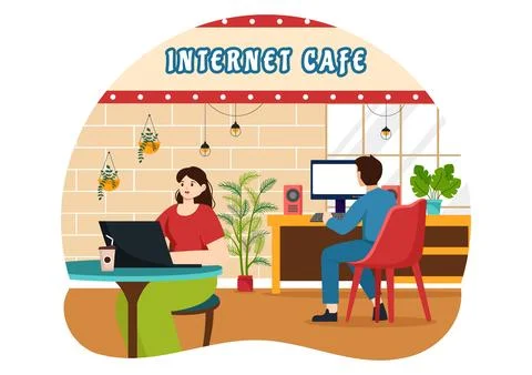 Internet Cafe Vector Illustration with Building for Young People Playing Ga.. Ilustración de archivo