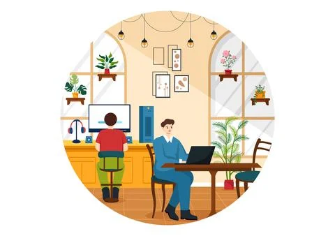 Internet Cafe Vector Illustration with Building for Young People Playing Ga.. Ilustración de archivo