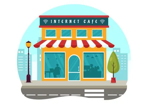 Internet Cafe Vector Illustration with Building for Young People Playing Ga.. Ilustración de archivo