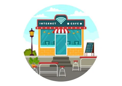 Internet Cafe Vector Illustration with Building for Young People Playing Ga.. Ilustración de archivo