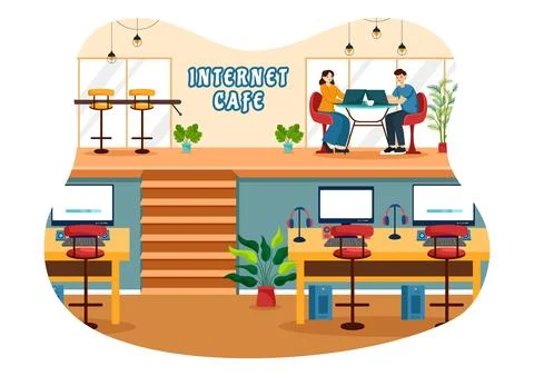 Internet Cafe Vector Illustration with Building for Young People Playing Ga.. Ilustración de archivo