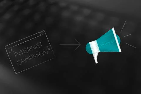 Internet campaign pop-up message next to megaphone calling for audience atten Stock Illustration