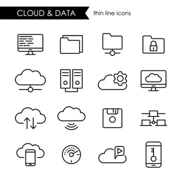 Internet cloud and data storage thin line icons Stock Illustration