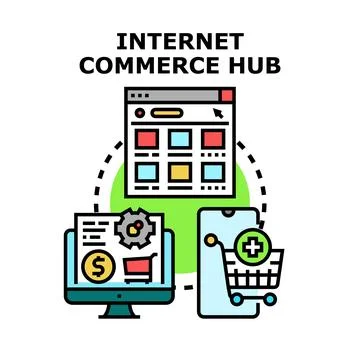 Internet commerce hub connecting online shopping platforms Stock Illustration