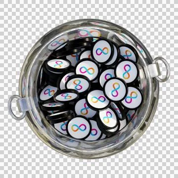 Internet Computer ICP in 3D crypto coin saving bank with stack coins on isolated Stockfoto's