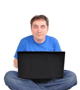 Internet computer man sitting on white Stock Photos
