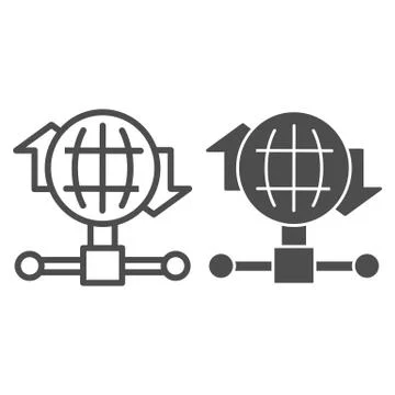 Internet connection bandwidth line and solid icon. Globe and fiber optic wire Stock Illustration