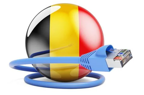 Internet connection in Belgium. Lan cable with Belgian flag, 3D rendering Stock Illustration