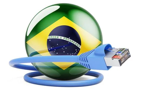 Internet connection in Brazil. Lan cable with Brazilian flag, 3D rendering Stock Illustration