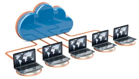 Internet connection concept. Computer cloud with laptops. 3D rendering Stock Illustration