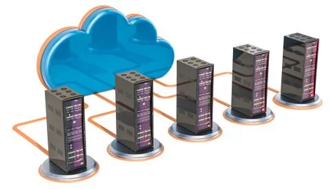 Internet connection concept. Computer cloud with server racks, 3D rendering Stock Illustration