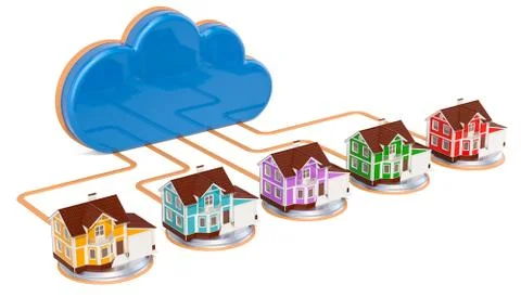 Internet connection concept. Computer cloud with houses. 3D rendering Stock Illustration