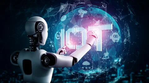 Internet connection controlled by AI robot and machine learning process Illustrazione stock