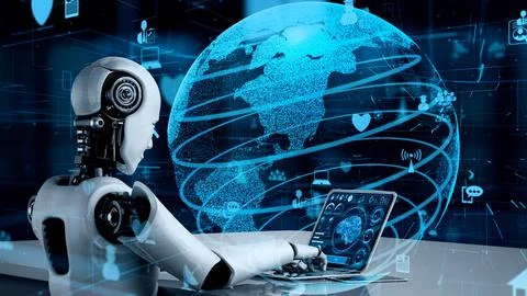 Internet connection controlled by AI robot huminoid and machine learning process Illustrazione stock
