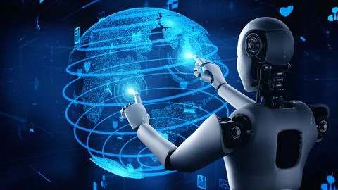 Internet connection controlled by AI robot huminoid and machine learning process イラスト素材