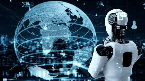 Internet connection controlled by AI robot huminoid and machine learning process Stock Illustration