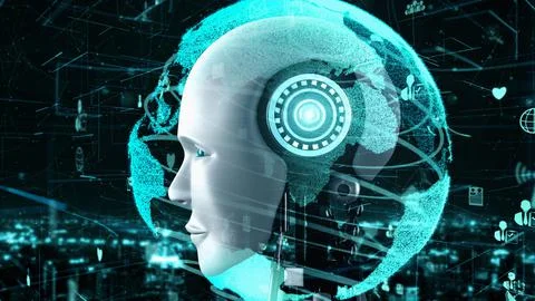 Internet connection controlled by AI robot huminoid and machine learning process Stock Illustration