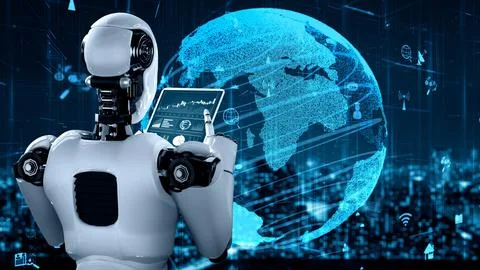 Internet connection controlled by AI robot huminoid and machine learning process Stockillustratie