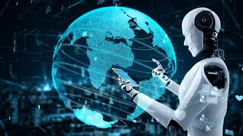 Internet connection controlled by AI robot huminoid and machine learning process イラスト素材