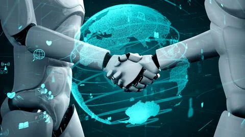 Internet connection controlled by AI robot huminoid and machine learning process Stock Illustration