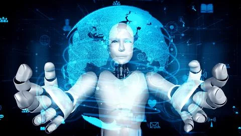 Internet connection controlled by AI robot huminoid and machine learning process イラスト素材