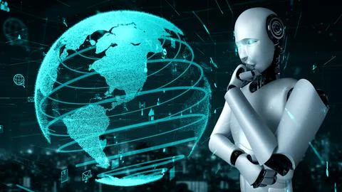 Internet connection controlled by AI robot huminoid and machine learning process Illustrazione stock