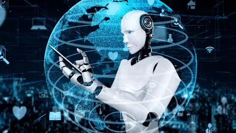 Internet connection controlled by AI robot huminoid and machine learning process Illustrazione stock