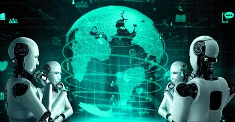 Internet connection controlled by AI robot huminoid and machine learning process Stock Illustration
