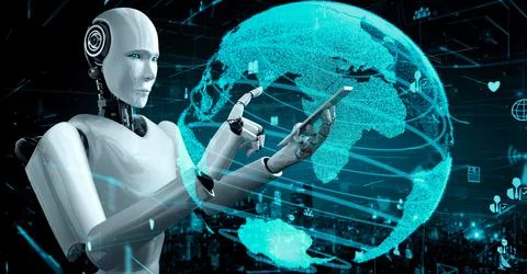 Internet connection controlled by AI robot huminoid and machine learning process Illustrazione stock