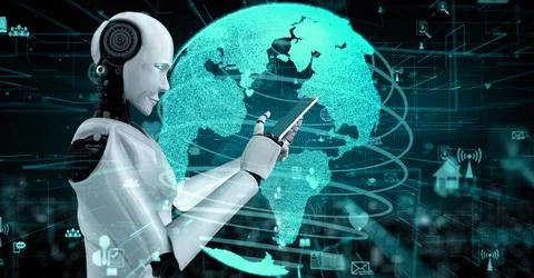 Internet connection controlled by AI robot huminoid and machine learning process Stock Illustration