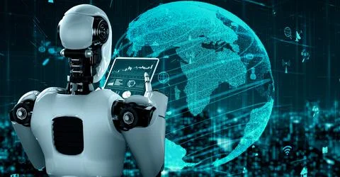 Internet connection controlled by AI robot huminoid and machine learning process Illustrazione stock