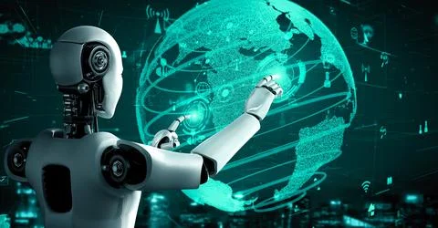 Internet connection controlled by AI robot huminoid and machine learning process 스톡 일러스트