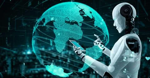 Internet connection controlled by AI robot huminoid and machine learning process Illustrazione stock