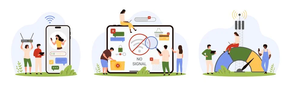 Internet connection error, speed wireless signal set, tiny people using modem イラスト素材