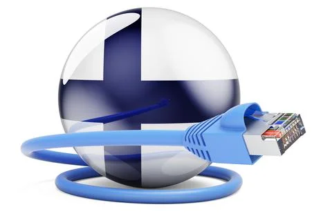 Internet connection in Finland. Lan cable with Finnish flag, 3D rendering Stock Illustration