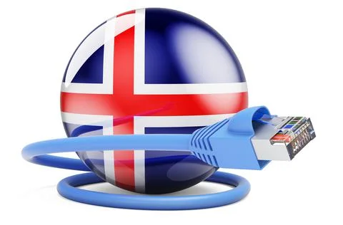 Internet connection in Iceland. Lan cable with Icelandic flag, 3D rendering Stock Illustration