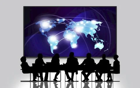Internet connection to the land seen from space,Group of people in the meeting Stock Illustration