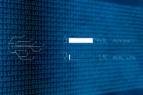 Internet connection lines next to survey 99 per cent internet 1 per cent real Stock Illustration