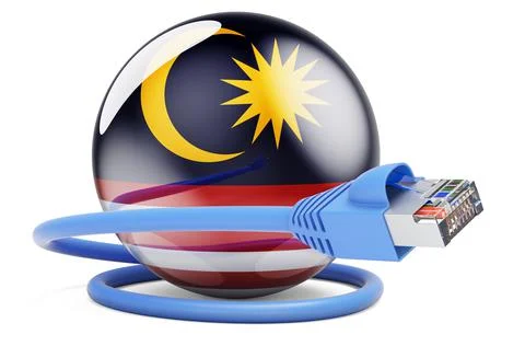 Internet connection in Malaysia. Lan cable with Malaysian flag, 3D rendering Stock Illustration
