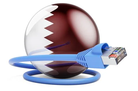 Internet connection in Qatar. Lan cable with Qatari flag, 3D rendering Stock Illustration