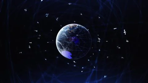 Internet connection by satellites. 3D earth digital connected network background Stock Illustration